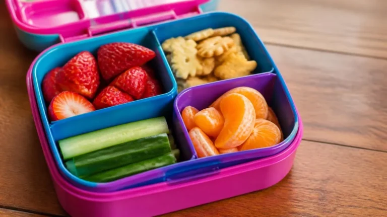 Colorful toddler lunchbox with compartments filled with simple foods
