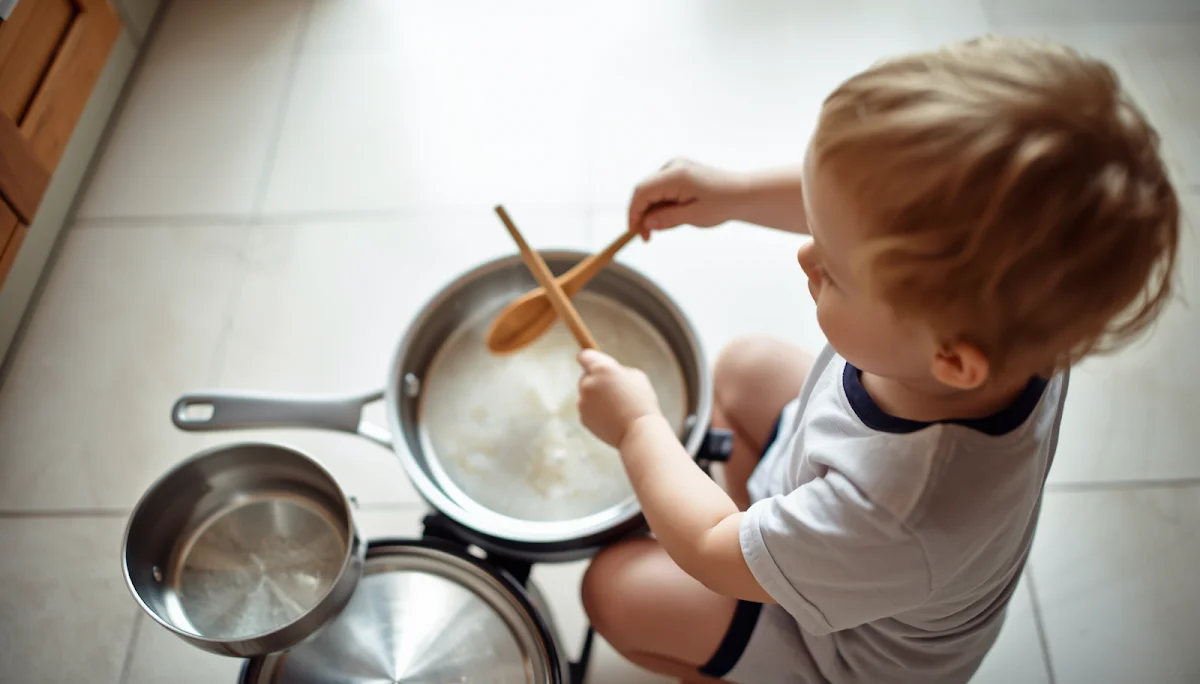 Toddler playing pots and pans drums