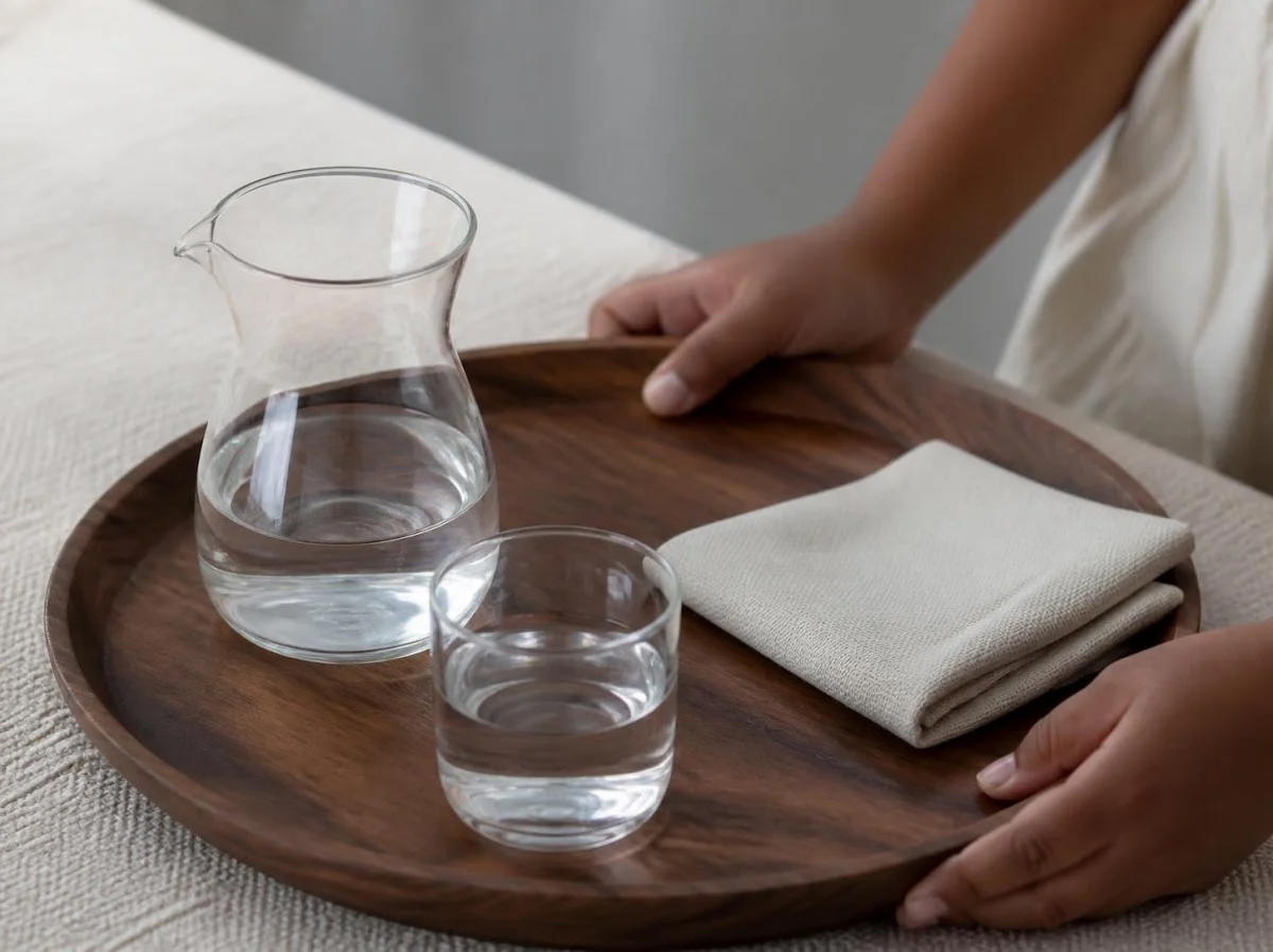 Small glass pitcher and glass on wooden tray with water poured