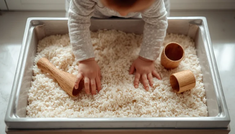 Toddler hands exploring rice sensory bin with wooden scoops