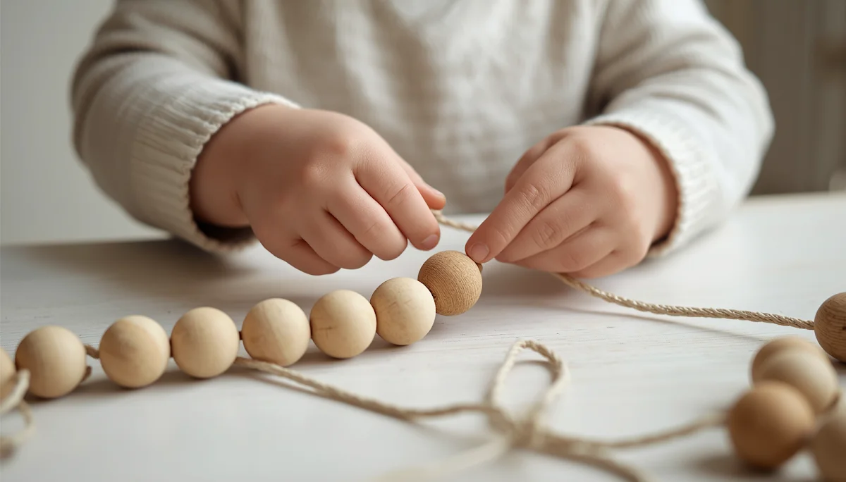 Toddler threading wooden beads
