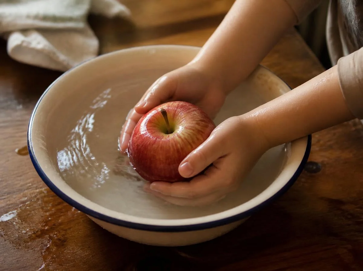 Child hands washing apple in small basin