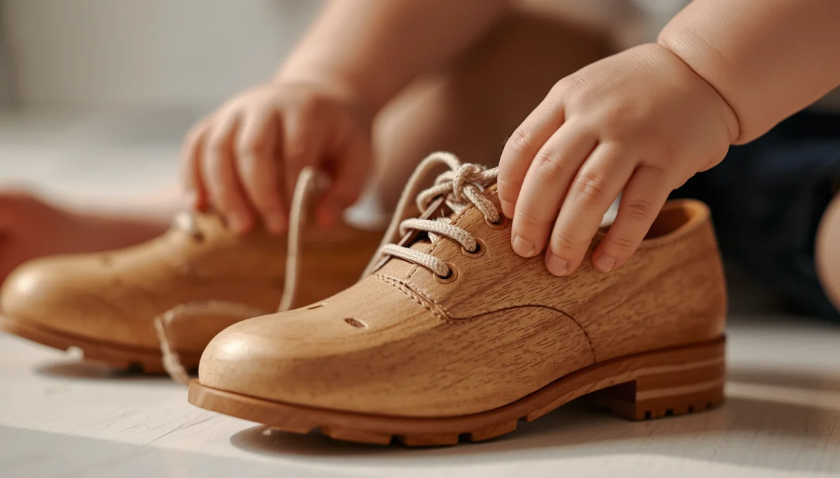 Toddler practicing wooden lacing toy