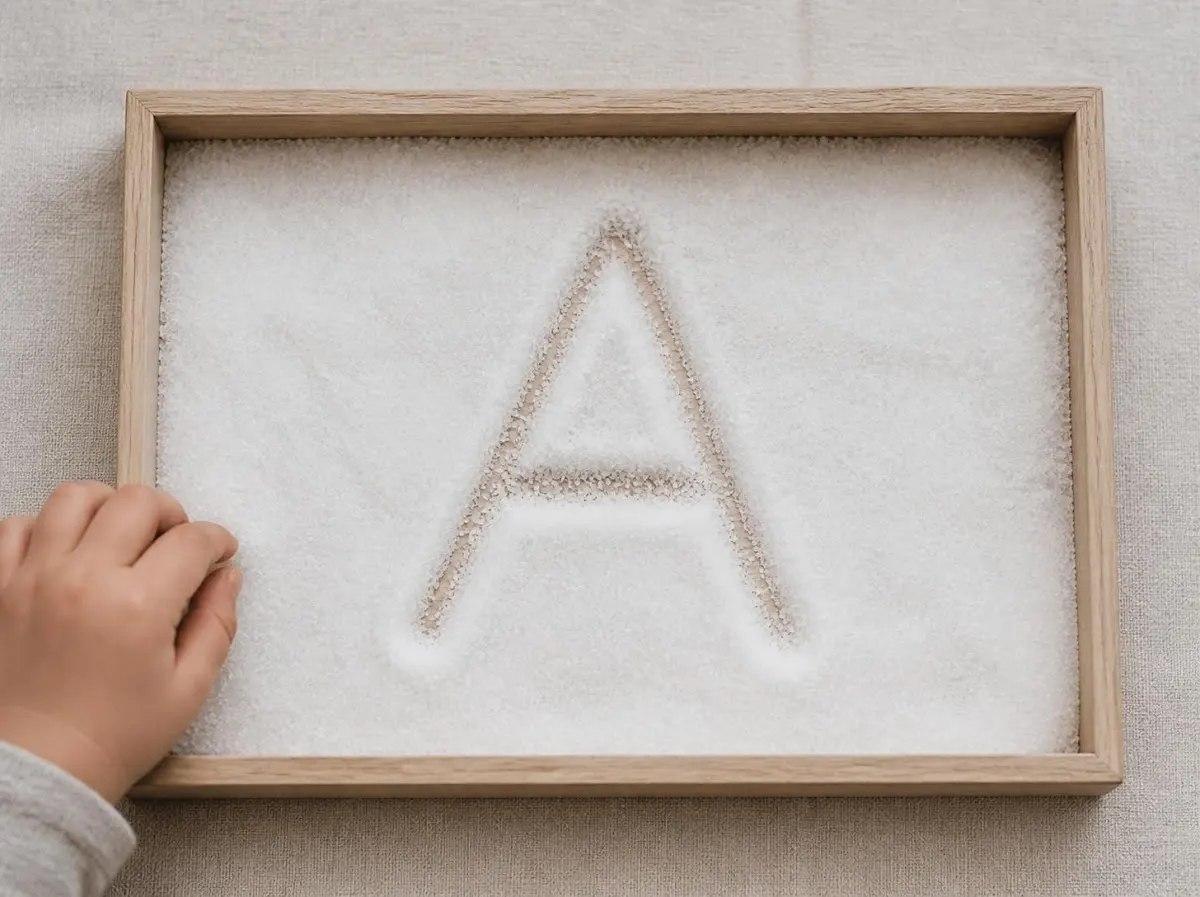 Shallow wooden tray with salt and traced letter