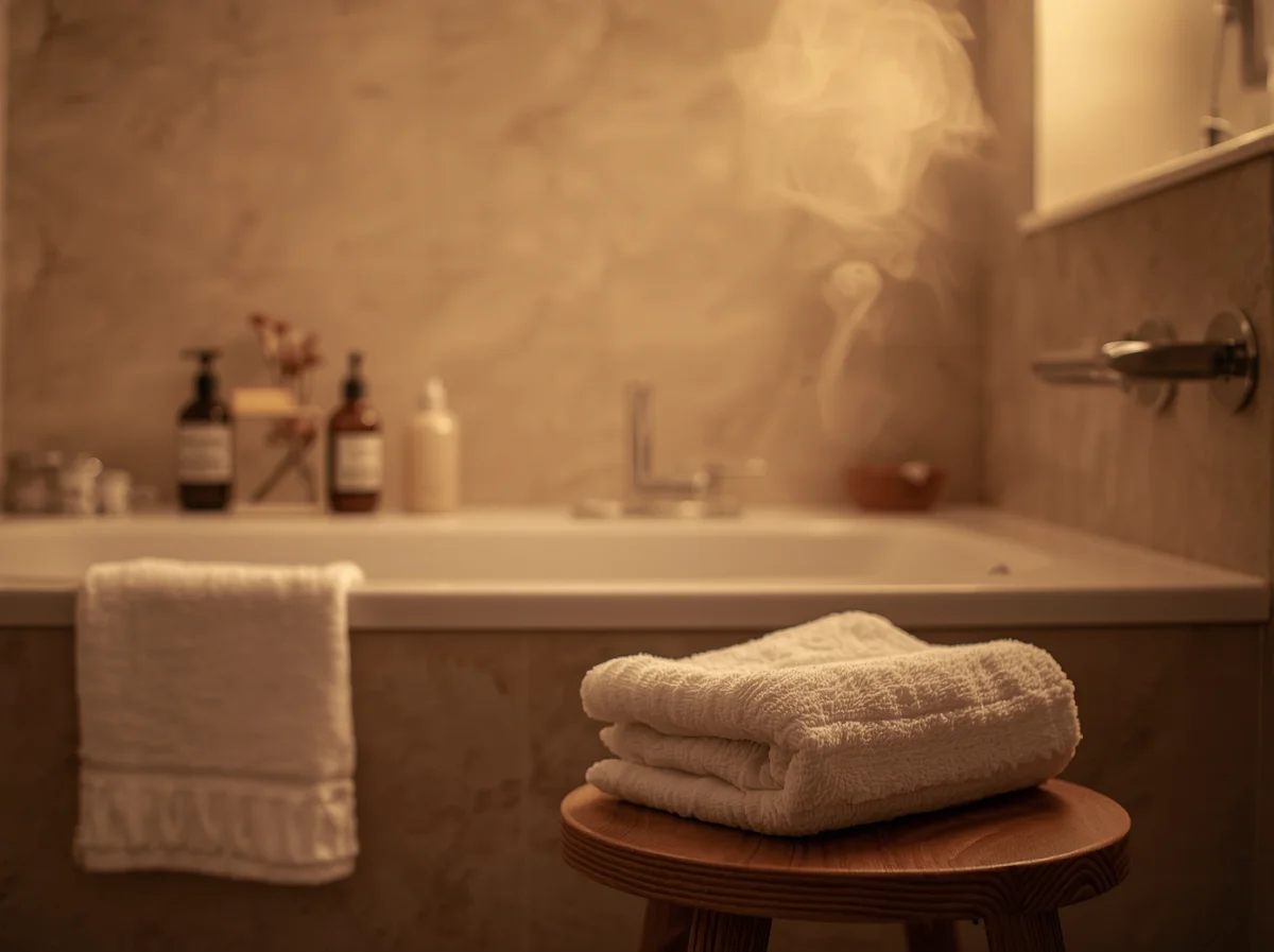 Warm bathroom at bedtime with folded towel