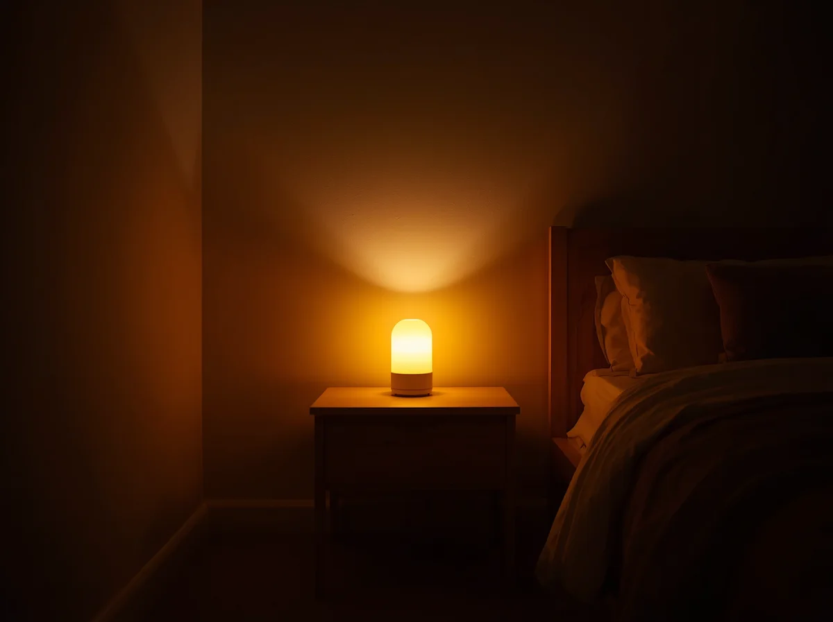 Small warm table lamp glowing in dim toddler bedroom