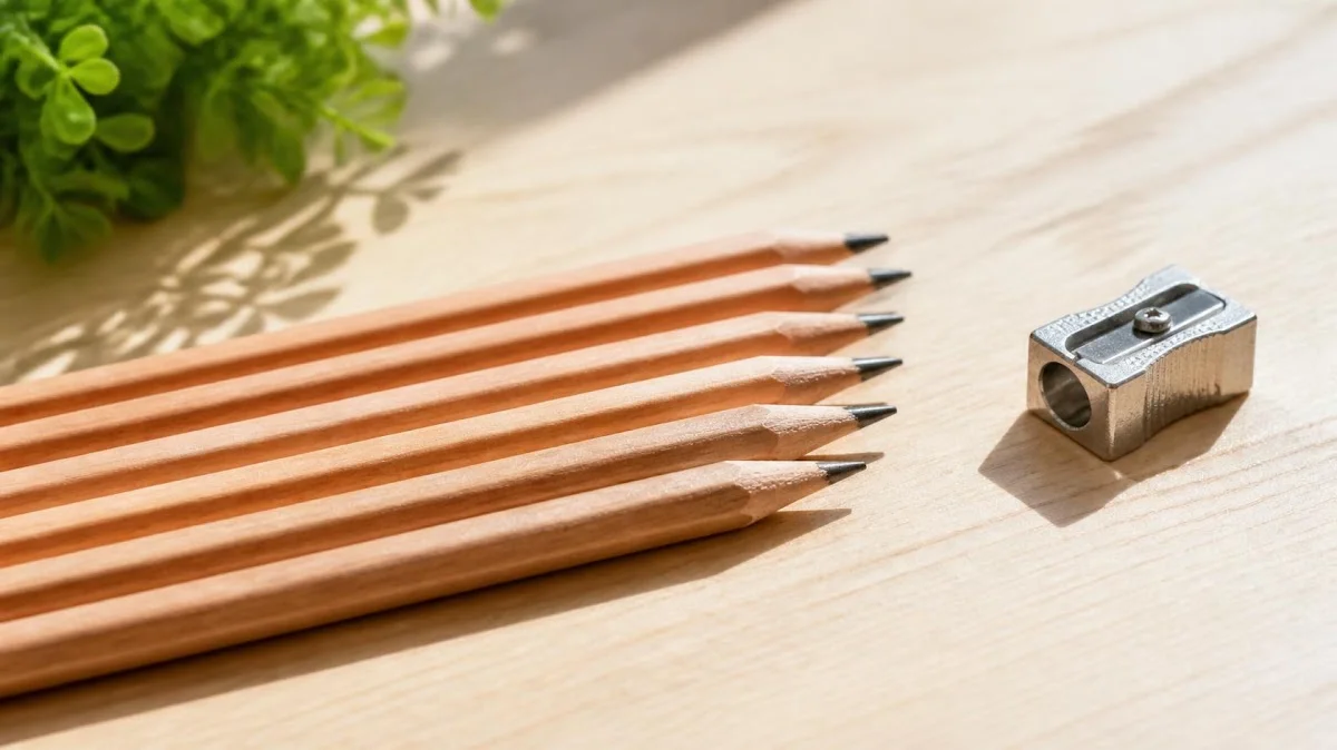 Wooden pencils and hand sharpener on desk