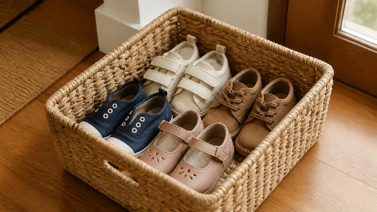Woven shoe basket with childrens shoes