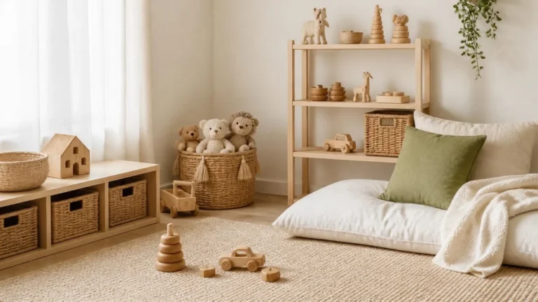 Minimalist kids room with wooden toys and zero visible plastic