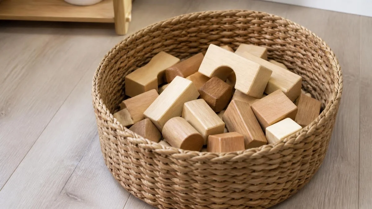 Wooden building blocks in a woven basket