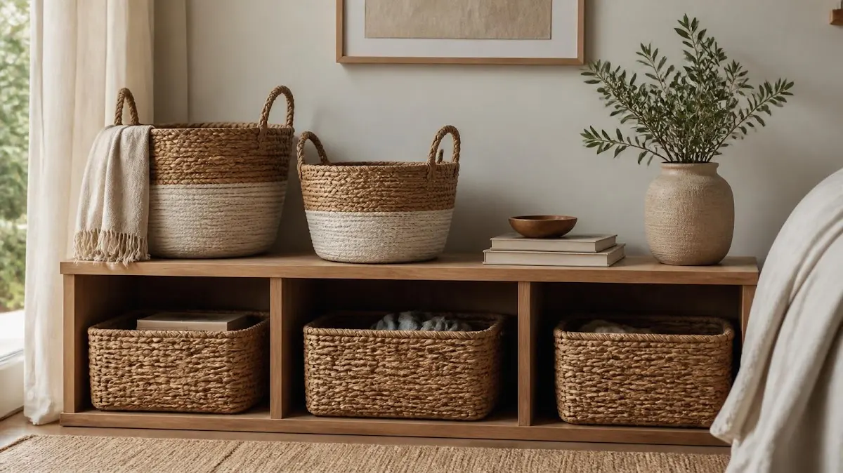 Woven storage baskets on low wooden shelf