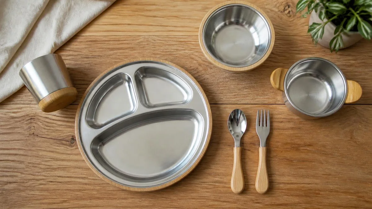 Stainless steel and bamboo childrens tableware