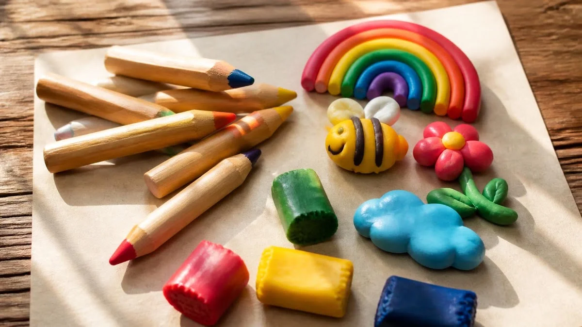 Wooden crayons and beeswax modeling clay