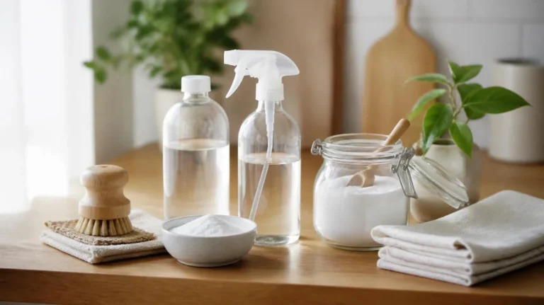 Natural cleaning supplies glass spray bottles baking soda vinegar