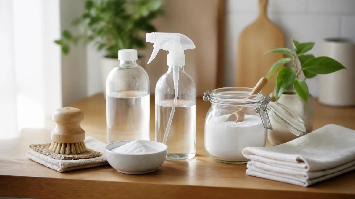 Natural cleaning supplies glass spray bottles baking soda vinegar