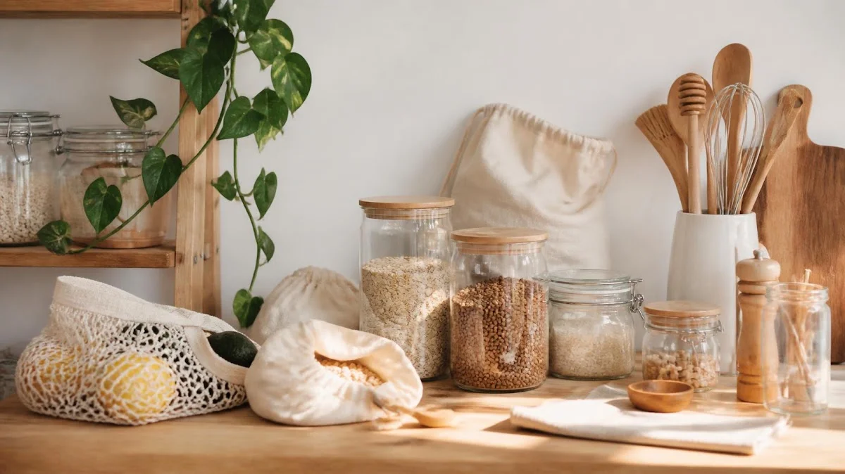 Simple kitchen with glass jars cloth bags and wooden utensils