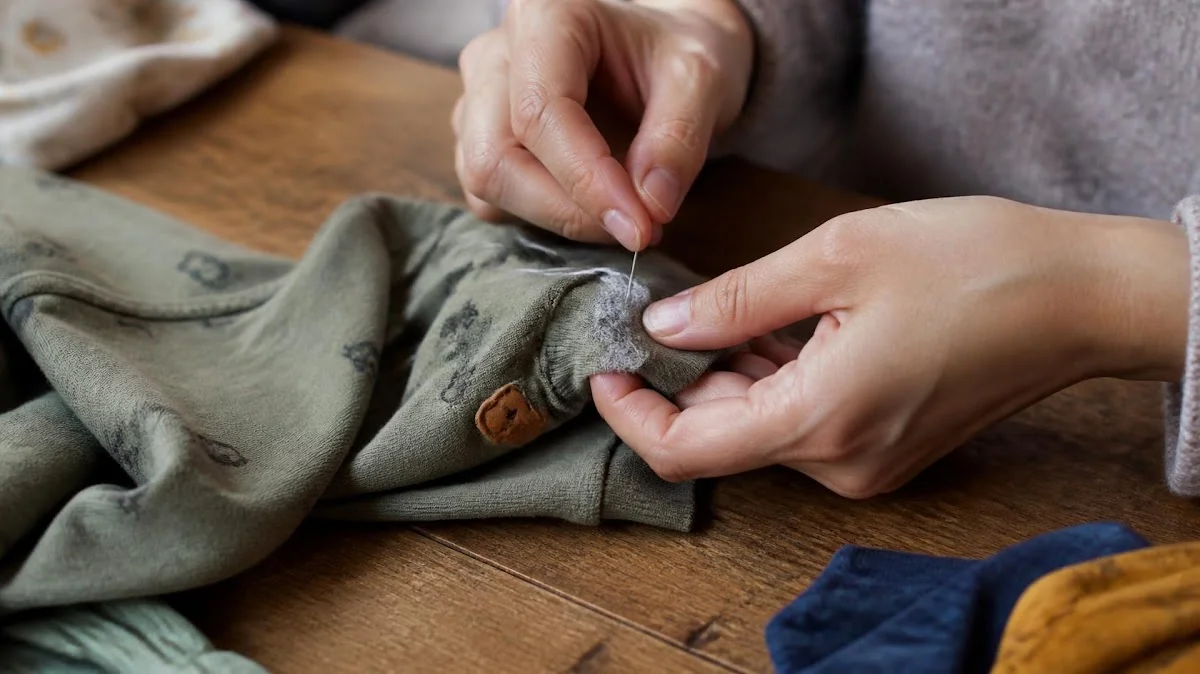 Child clothing being mended with needle and thread