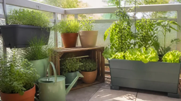 Small balcony garden with pots of herbs at child height