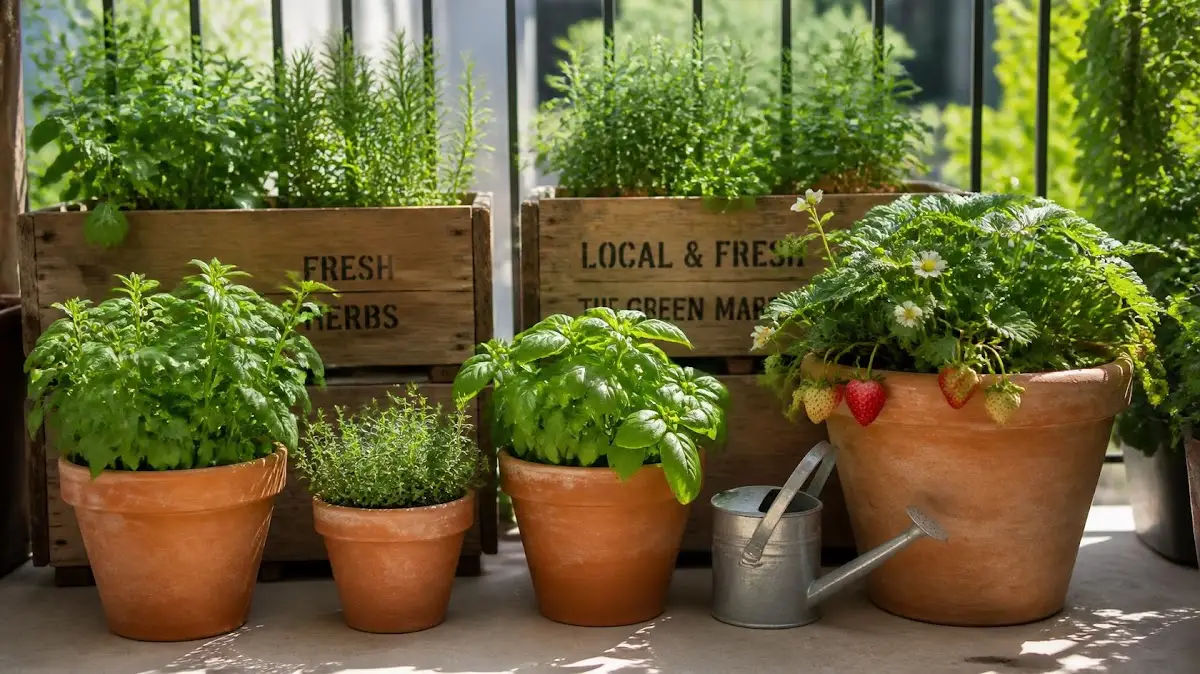Terracotta pots and wooden crates on balcony