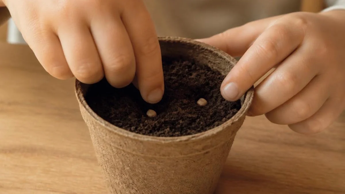 Child hands pressing seeds into soil