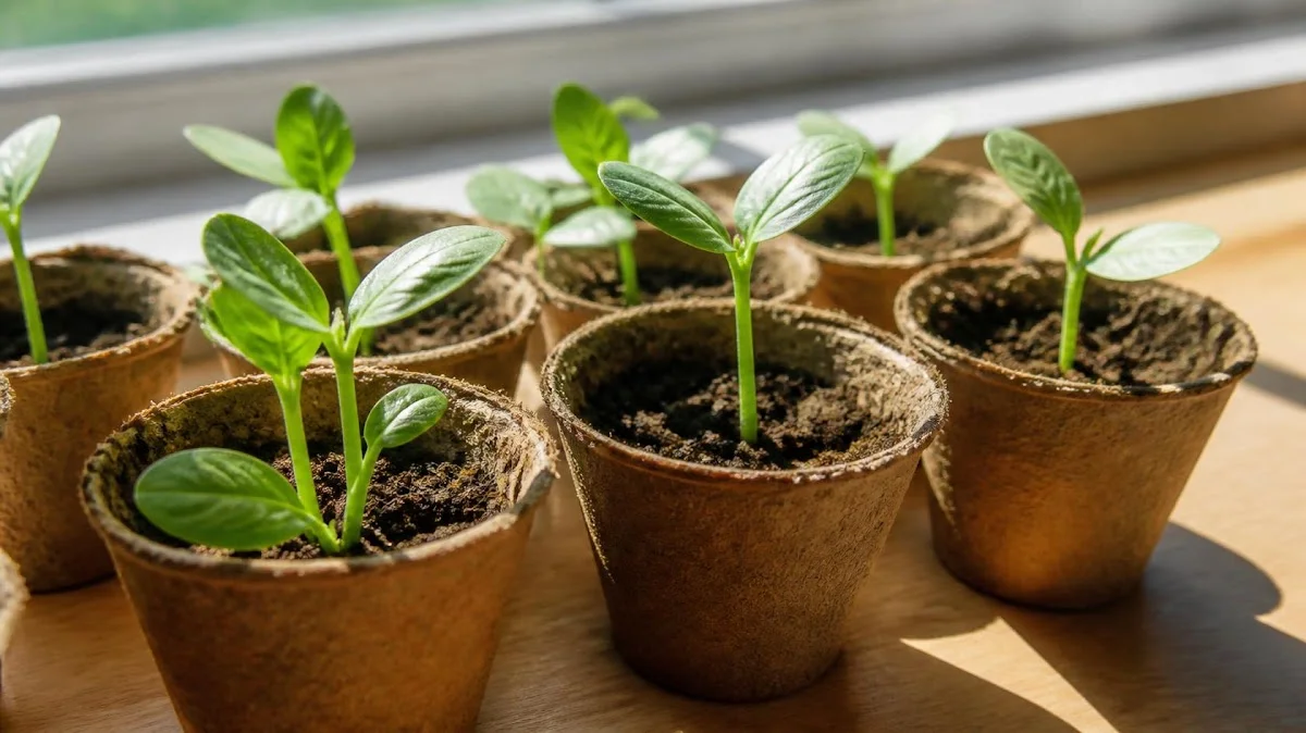 Seedlings sprouting on sunny windowsill