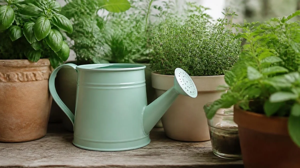 Small watering can beside potted herbs