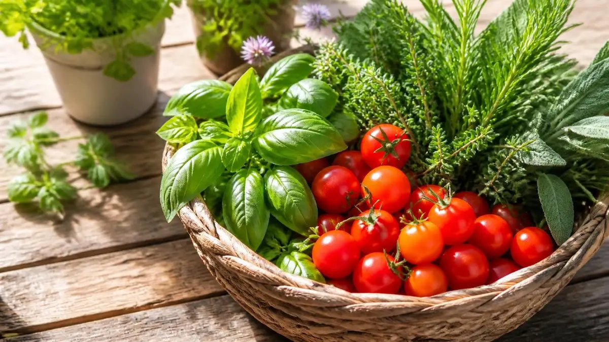 Basket of freshly picked herbs and tomatoes