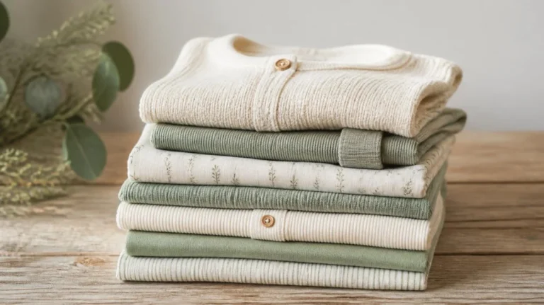 Folded stack of organic cotton childrens clothing