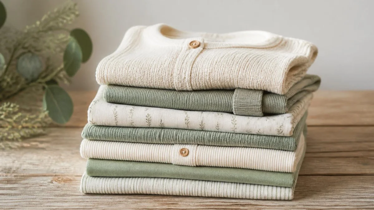Folded stack of organic cotton childrens clothing