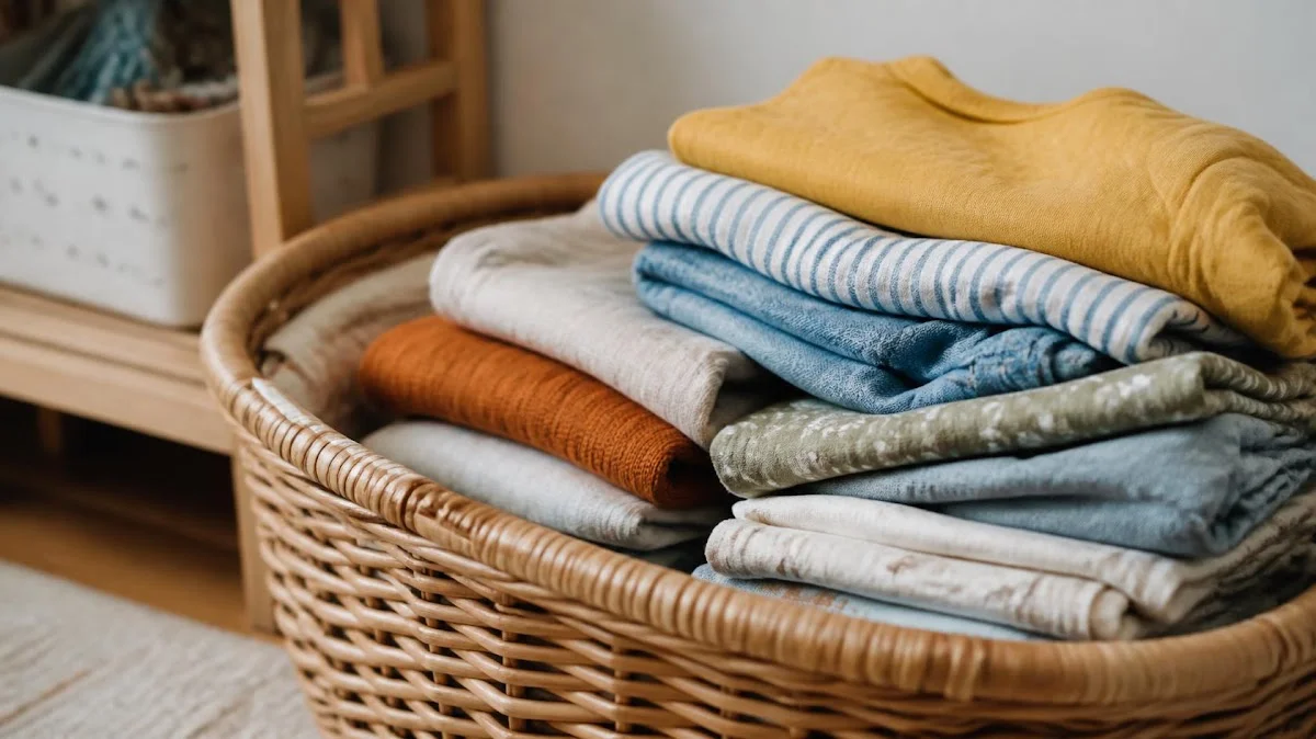 Gently used childrens clothing in woven basket