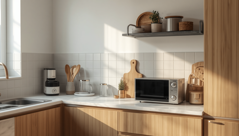 Warm family kitchen with modern appliances on counter
