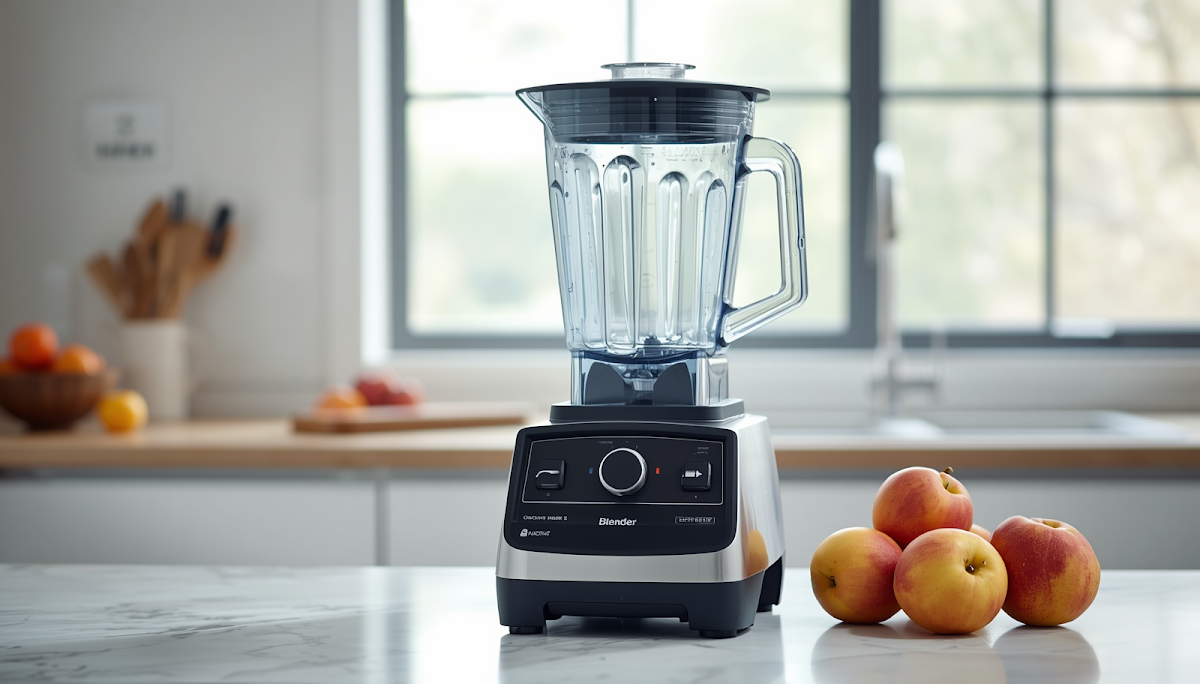 Blender on kitchen counter with fruit nearby