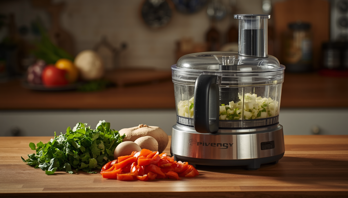 Food processor with chopped vegetables beside it