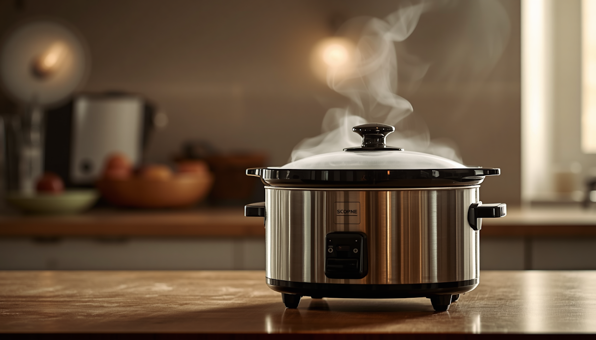 Slow cooker on counter with steam rising