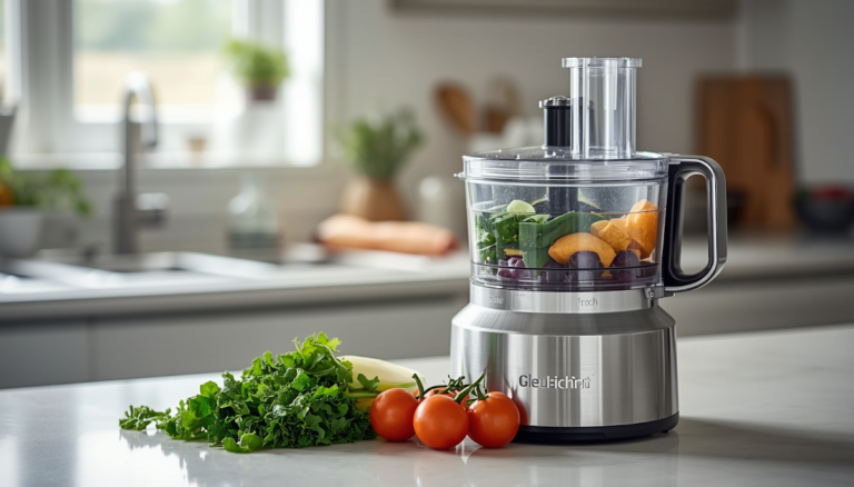 Food processor with fresh vegetables on kitchen counter