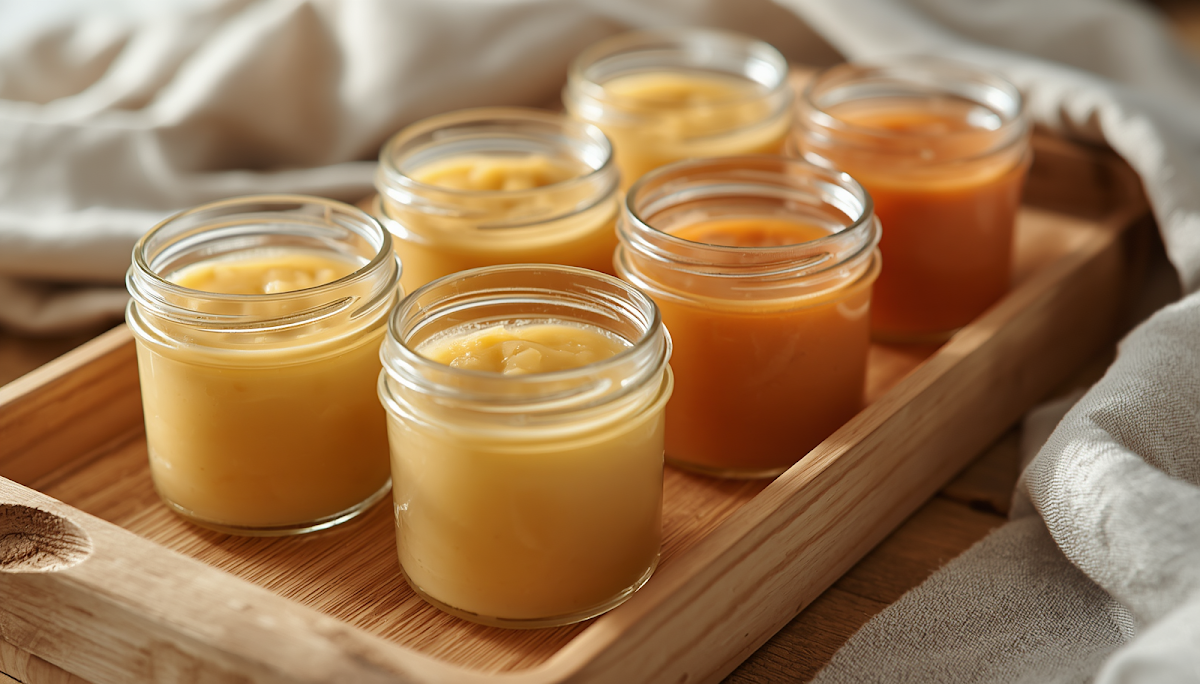Smooth pureed food in small glass jars on wooden tray