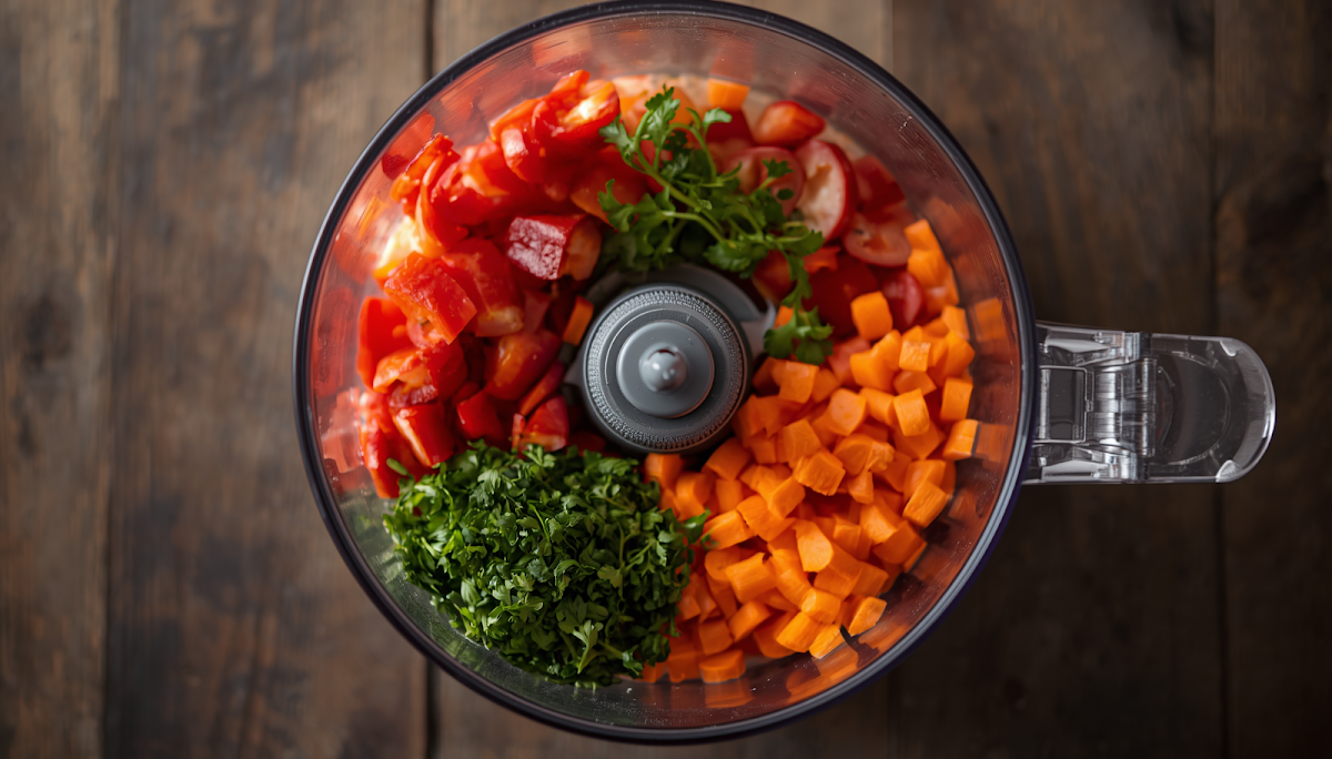 Finely chopped vegetables in food processor bowl