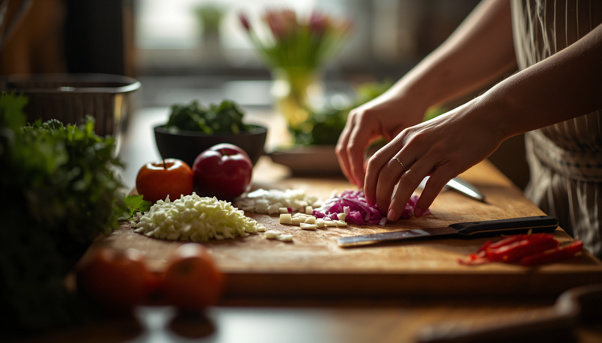 Family meal prep scene with chopped ingredients ready