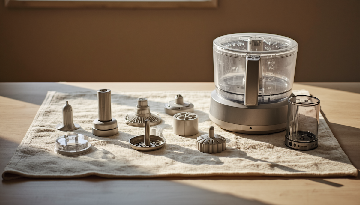 Disassembled food processor parts drying on towel
