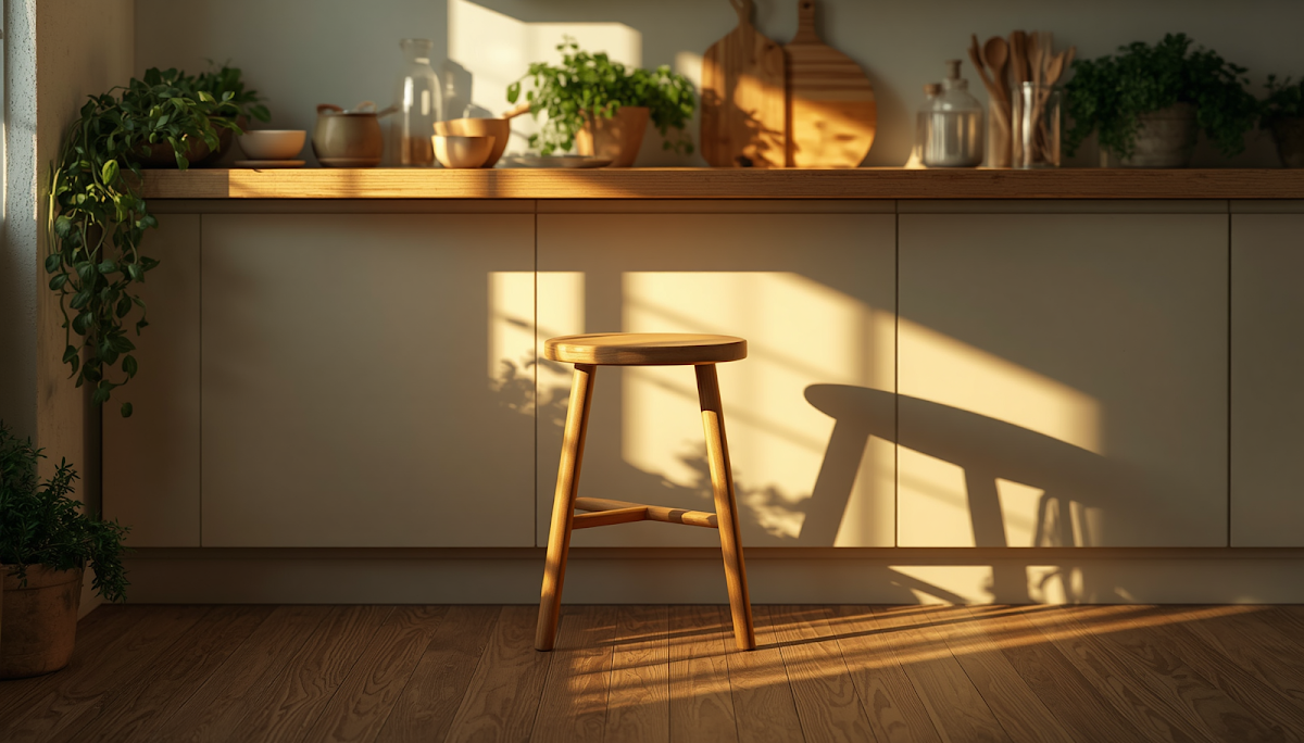 Simple step stool at kitchen counter