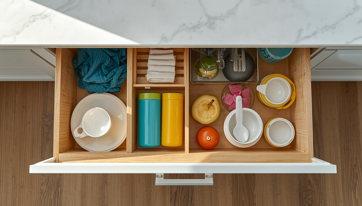 Low kitchen drawer with a few basic child-safe items