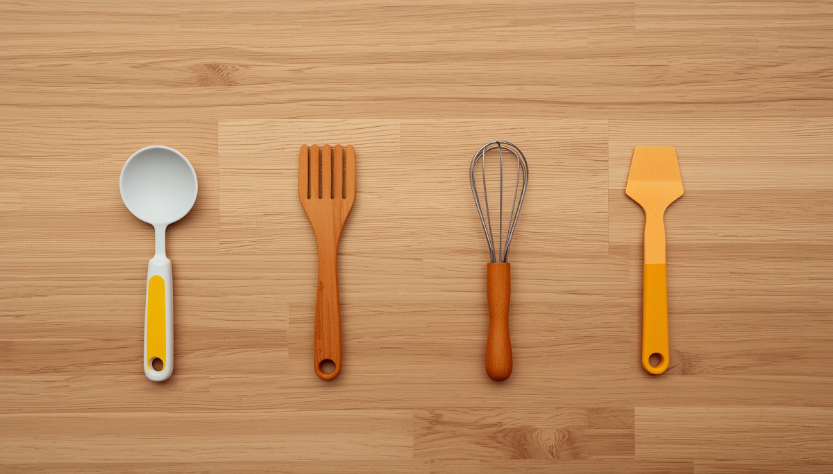 A few affordable child-safe kitchen tools on wooden counter