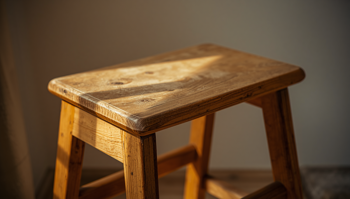 Secondhand wooden step stool with visible wear