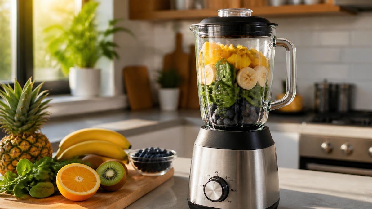 Blender with fresh fruit smoothie ingredients on counter