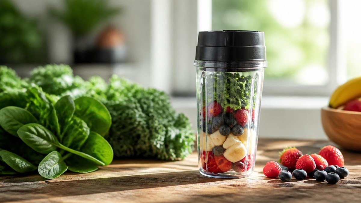 Personal single-serve blender cup on counter