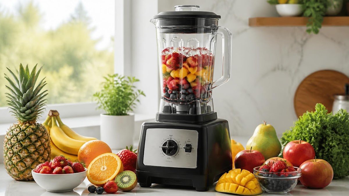 High power countertop blender with fruit around it