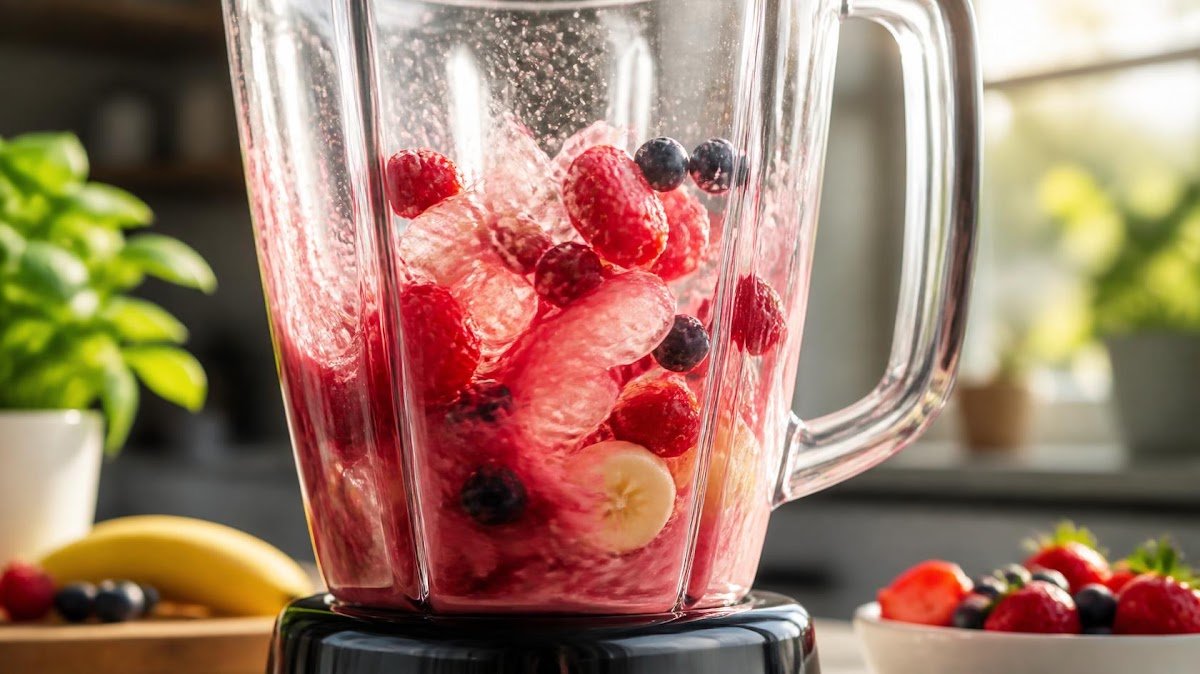 Blender blending ice and fruit