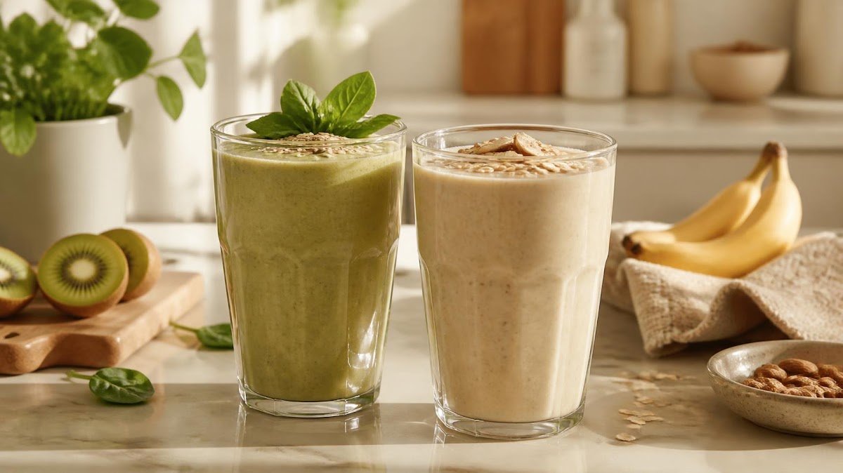 Two smoothies ready on counter in morning light