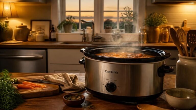 Slow cooker on kitchen counter with steam rising