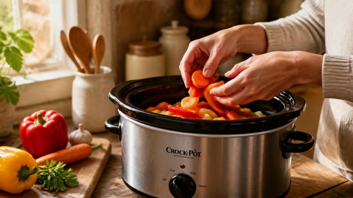 Slow cooker being loaded with vegetables